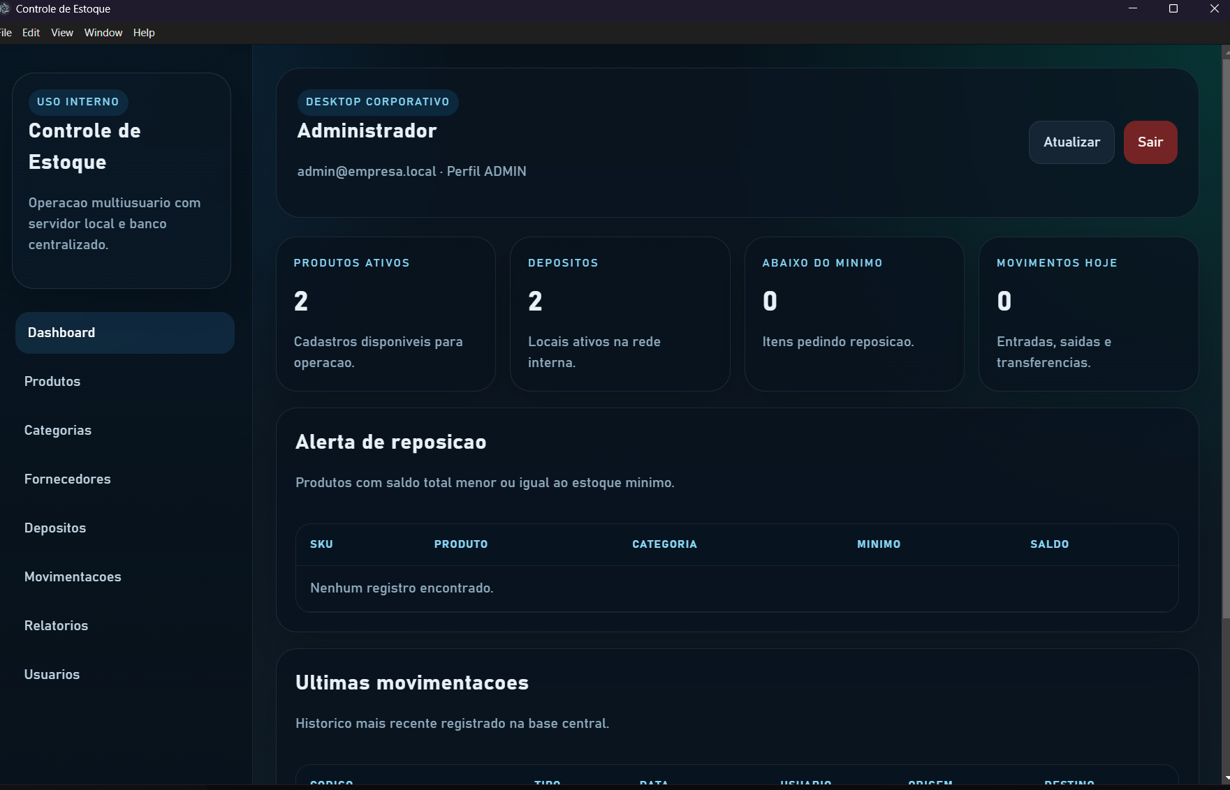 Dark inventory control dashboard screenshot